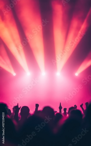 A vibrant concert scene with bright, colorful stage lights and an enthusiastic crowd raising their hands.