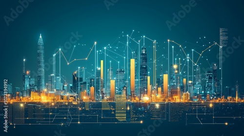 Futuristic City Skyline with Digital Network Connections and Data Visualization Elements, Showcasing Advanced Technology and Urban Development Trends at Night