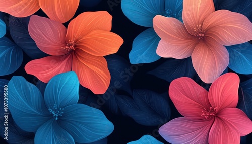 A vibrant arrangement of blue, orange, and pink flowers against a dark background, creating a visually striking and colorful floral display.