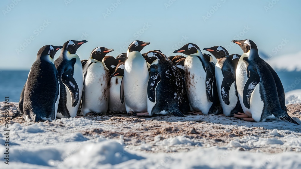 Obraz premium Group of penguins huddling together on snowy terrain in Antarctica, with a clear blue sky. Engaging wildlife photo for natural and environmental themes.