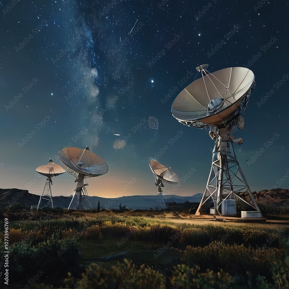 Earth receiving station in a remote desert location, where satellite signals are decoded and transmitted to control centers. The scene symbolizes global connectivity and the seamless flow of informati Earth receiving station in a remote desert location, where satellite signals are decoded and transmitted to control centers. The scene symbolizes global connectivity and the seamless flow of informati
