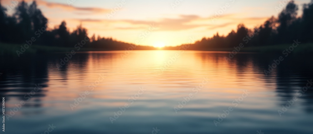 Fototapeta premium A serene sunset reflects on a calm lake, framed by distant trees, creating a tranquil landscape of warm colors and peaceful water.