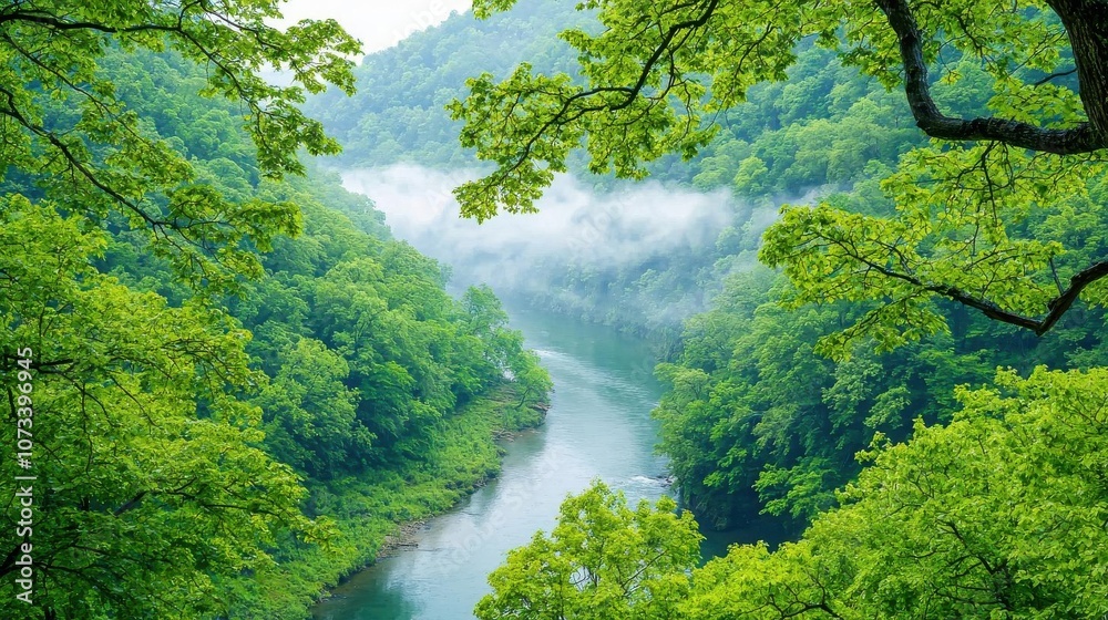A freshwater river curving through a dense foggy forest, with mist rising from the riverbanks, ethereal and mystical A freshwater river curving through a dense foggy forest, with mist rising from the riverbanks, ethereal and mystical