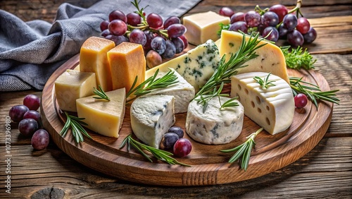 A rustic wooden board adorned with an assortment of cheeses, fresh grapes, and sprigs of rosemary, creating a delightful culinary arrangement.