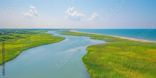 A meandering river delta where freshwater meets the sea, a blend of river channels and wetlands filled with tall grasses, viewed from above