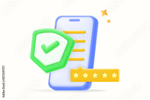 3D vector illustration, mobile phone with a green shield checkmark and 5-star rating. user review security rating app