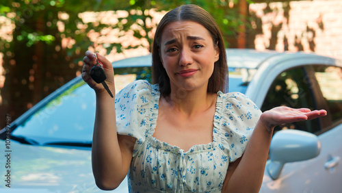 Fotografia Unsure doubtful Caucasian girl woman female client car buyer showing keys shrugg
