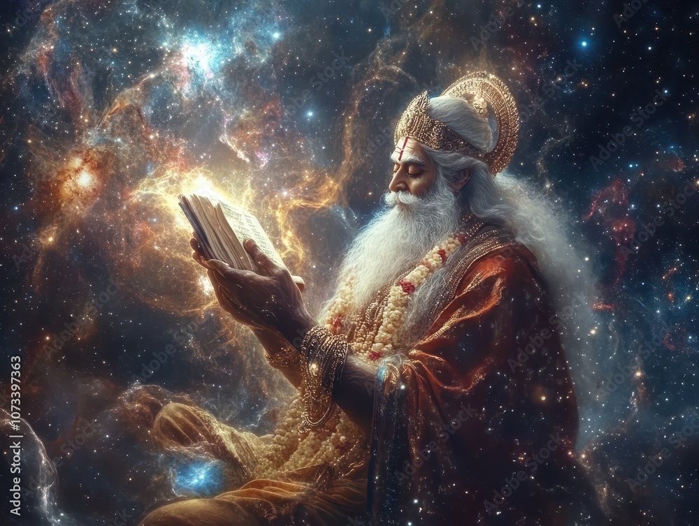 Brahma with the sacred Vedas floating around him, cosmic energy flowing from his hands, symbolizing the divine act of creation, as stars and galaxies form in the background Brahma with the sacred Vedas floating around him, cosmic energy flowing from his hands, symbolizing the divine act of creation, as stars and galaxies form in the background