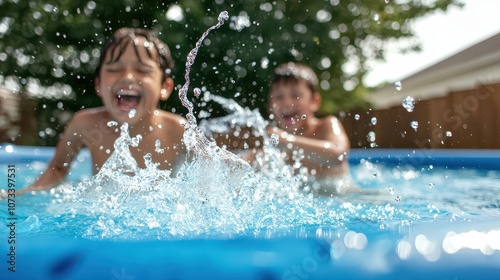 Children splashing in a backyard pool on a hot summer day, laughter and water droplets sparkling in the sun., copy space for text,