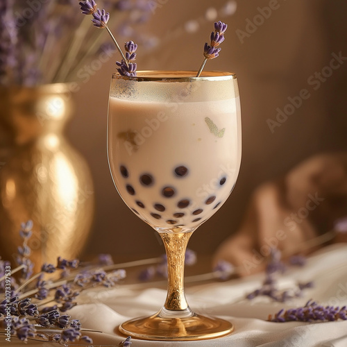 A glamorous presentation of luxury boba tea, featuring a chic gold-rimmed glass filled with velvety taro milk tea infused with premium French lavender syrup and topped with delicate lavender