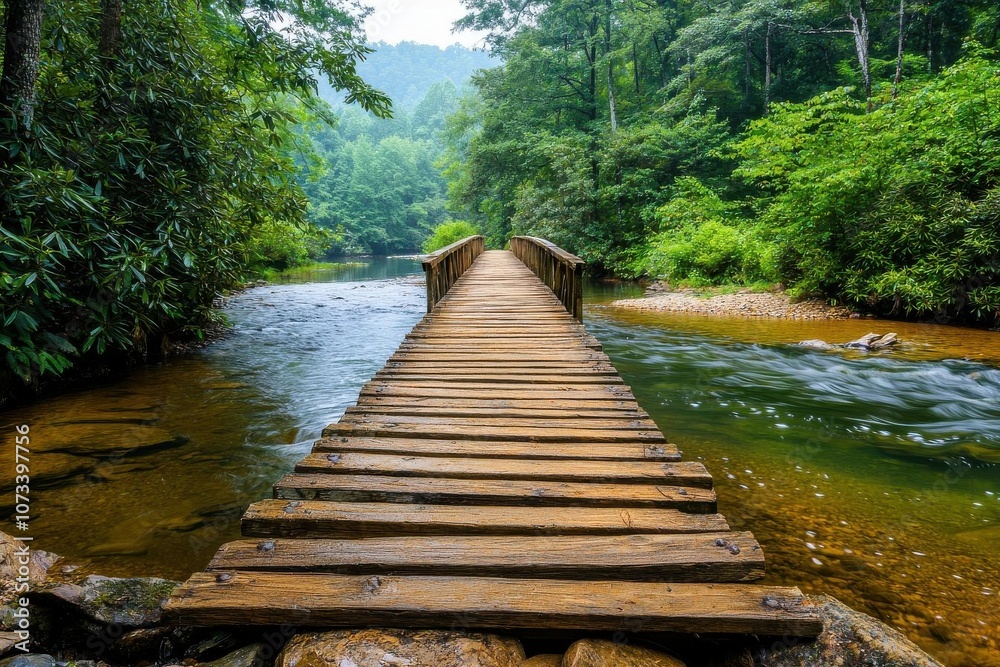 An old wooden bridge over a meandering river, the clear freshwater reflecting the sky, surrounded by lush, green forest, peaceful and rustic An old wooden bridge over a meandering river, the clear freshwater reflecting the sky, surrounded by lush, green forest, peaceful and rustic