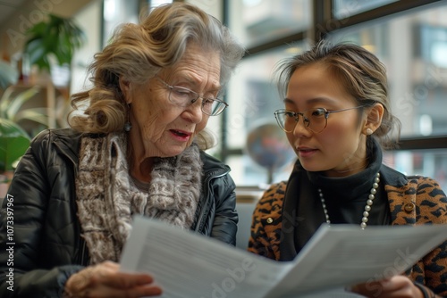 Two women, a senior and a young adult, engaged in a discussion while reviewing documents in a cozy indoor setting.