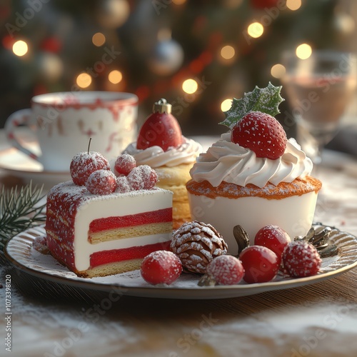 A plate of festive desserts sits on a wooden table, ready for a holiday celebration photo