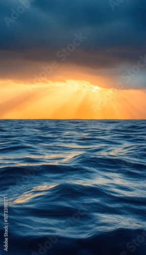 A stunning seascape featuring calm waves reflecting warm sunlight under a dramatic sky filled with clouds.