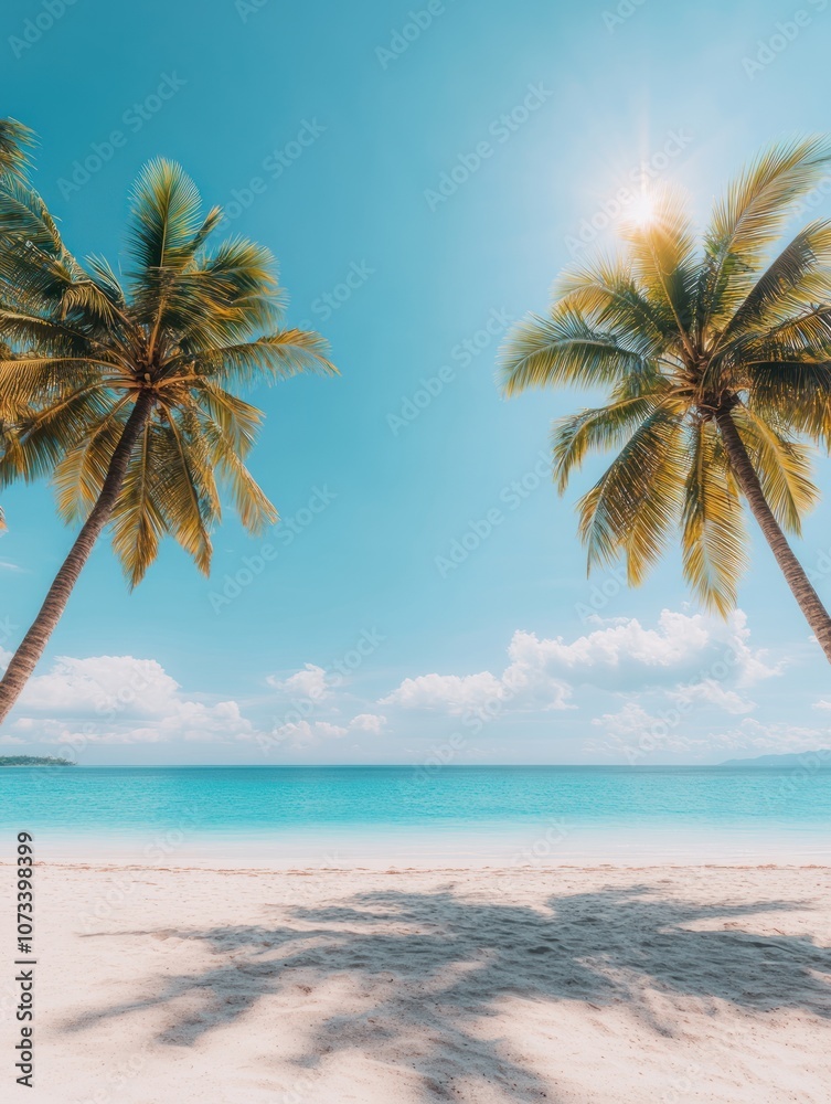 A serene beach scene featuring palm trees, white sand, and a bright blue sky with a hint of sunlight reflecting on the tranquil water.
