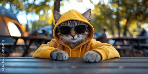 Stylish cat in sunglasses and yellow jacket sitting outdoors at a campsite