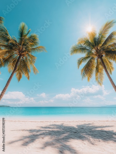 A serene beach scene featuring palm trees, white sand, and a bright blue sky with a hint of sunlight reflecting on the tranquil water.