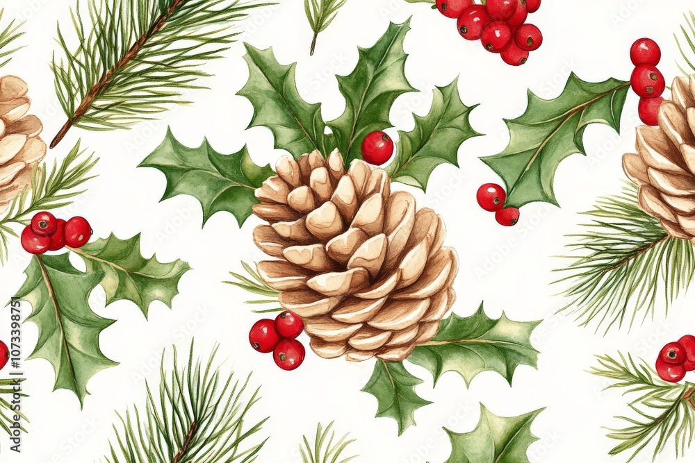 Seamless pattern of pinecones holly leaves and red berries on a white background ideal for festive wrapping paper fabric design and seasonal branding Seamless pattern of pinecones holly leaves and red berries on a white background ideal for festive wrapping paper fabric design and seasonal branding