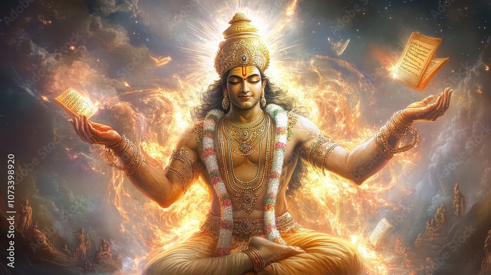 Divine Brahma with floating Vedas, creating the cosmos with waves of energy flowing from his hands, his serene expression radiating wisdom as the universe forms around him Divine Brahma with floating Vedas, creating the cosmos with waves of energy flowing from his hands, his serene expression radiating wisdom as the universe forms around him