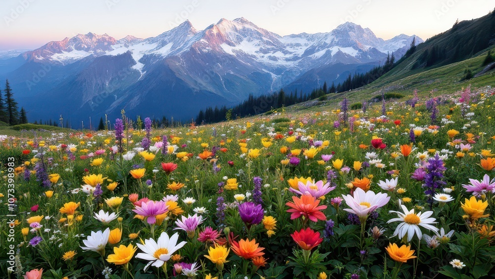 Fototapeta premium Colorful Alpine Meadow in Full Bloom, Spring Mountain Landscape with Wildflowers and Distant Snow-Capped Peaks