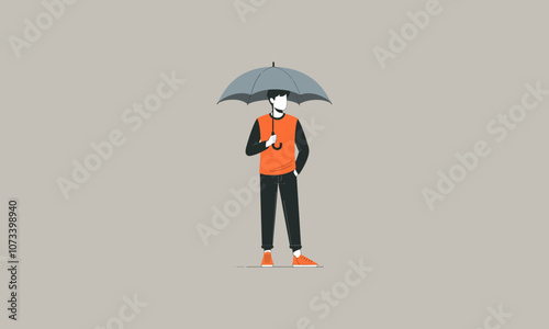 Minimalist man holding an umbrella, wearing orange shirt.