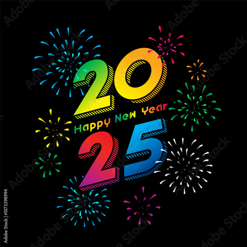 Vector Happy New Year 2025 with colorful fireworks and typography design.
