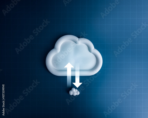 Cloud computing infrastructure technology, data system storage service concept. Upload and download icon, transfer arrows sign on big and small cloud with network grid pattern on blue background.