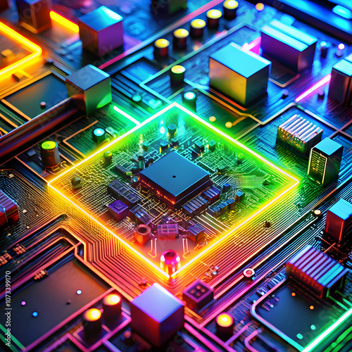 A bright neon-colored circuit board featuring glowing components. photo