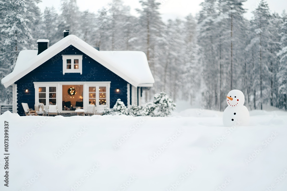Cozy Blue Swedish House in the Snow with a Snowman Outside - Charming Winter Wonderland Scene