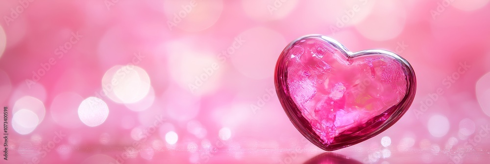 A heart made of glass sits on a pink background. The heart is surrounded by a blurry background, giving the image a dreamy, romantic feel A heart made of glass sits on a pink background. The heart is surrounded by a blurry background, giving the image a dreamy, romantic feel