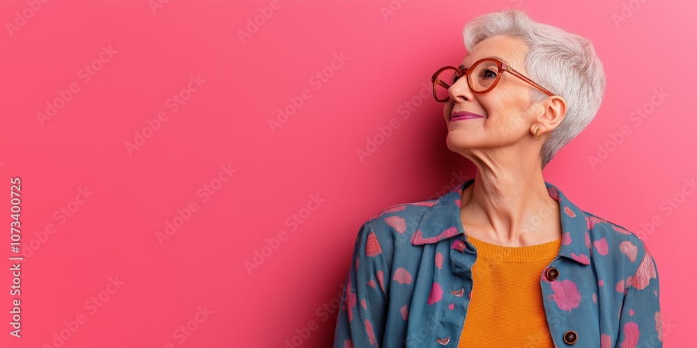 A woman in glasses and a blue jacket is smiling at the camera. The pink background adds a pop of color to the scene