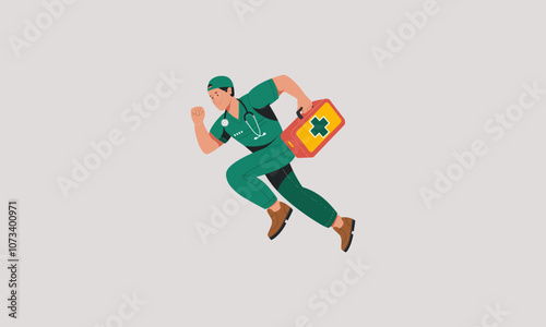 Running doctor with first aid kit, ready for emergency help.