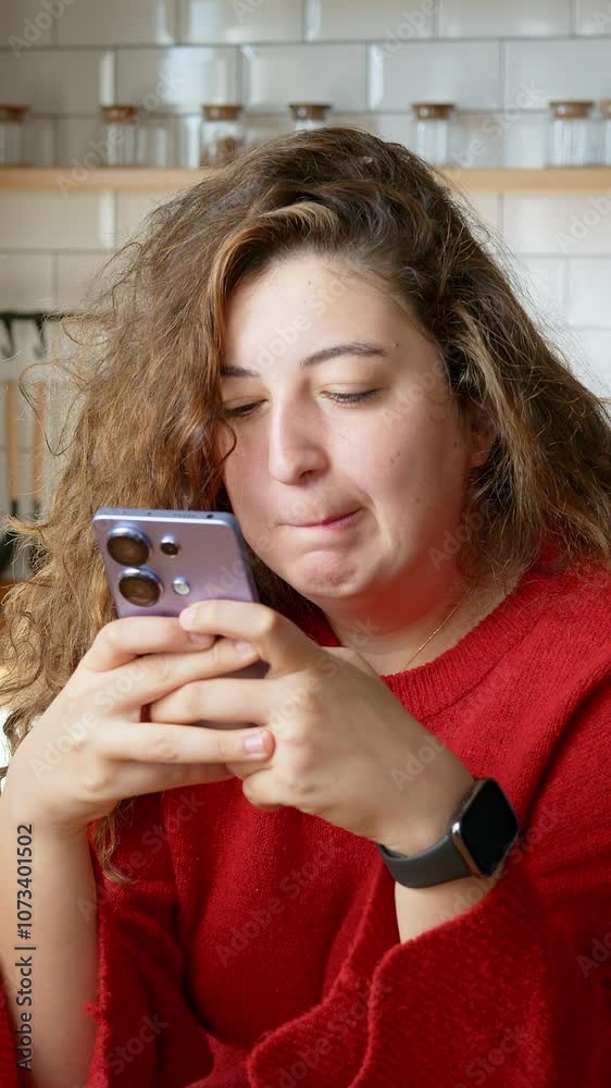 Vertical video. A woman with curly hair sits at a table, texting on her smartphone with a focused expression in cozy, modern kitchen. Vertical video. A woman with curly hair sits at a table, texting on her smartphone with a focused expression in cozy, modern kitchen.