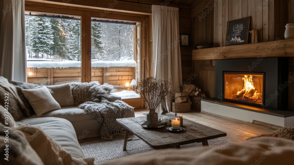 Cozy Living Room with Fireplace and Snowy Winter View Cozy Living Room with Fireplace and Snowy Winter View