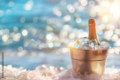 Champagne bottle in ice bucket with confetti on blue beach Christmas and New Year holiday party background.