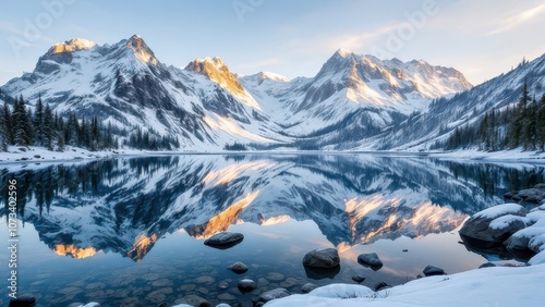 Crystal Clear Mountain Lake Reflecting Snow-Covered Peaks, Winter Landscape with Perfect Mirror Surface