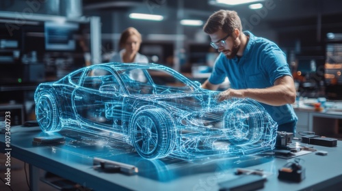
Two engineers developers standing in front of futuristic holographic table in design studio and developing cars