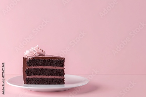 A delicious slice of chocolate cake with pink frosting against a pastel pink background in a well-lit setting photo