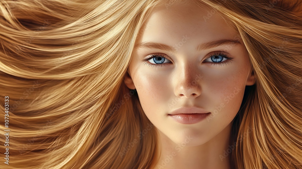 Naklejka premium Beautiful girl, ultra blonde, hair. Stylish hairstyle done in a beauty salon. Fashion, cosmetics and makeup
