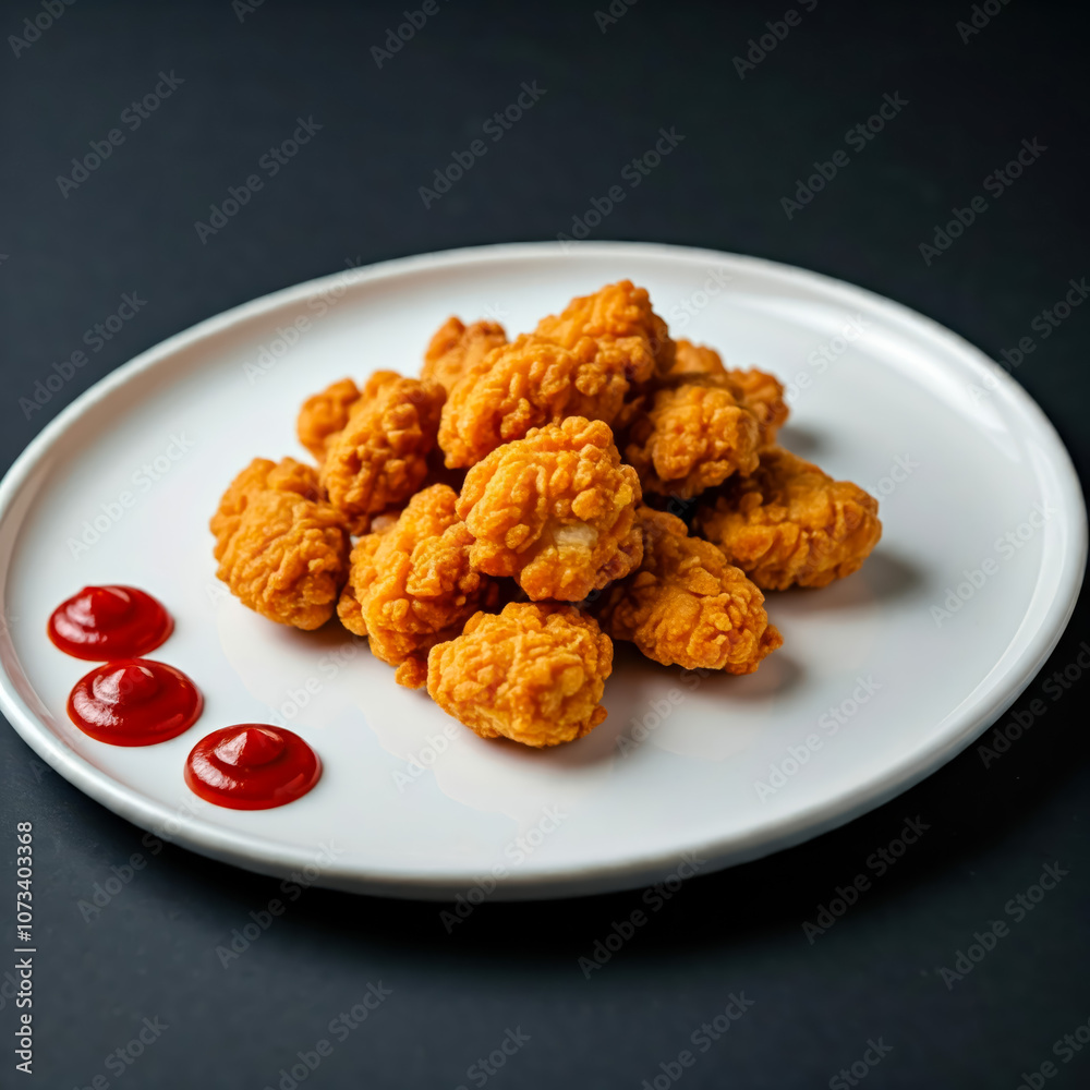 Homemade Crispy Popcorn Chicken in white plate with tomato ketchup and bbq sauce isolated on wooden table background fast food Homemade Crispy Popcorn Chicken in white plate with tomato ketchup and bbq sauce isolated on wooden table background fast food