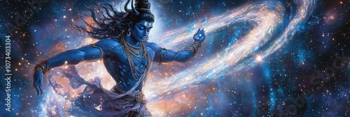 Shiva dancing through the cosmos, leading the path to enlightenment, his divine form radiating cosmic wisdom and power, the stars swirling in sync with his movements