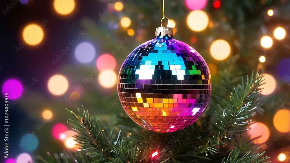 Fototapeta premium A sparkling dazzling disco ball ornament on a festive Christmas decoration on Christmas tree, Surrounded by colorful bokeh lights background.
