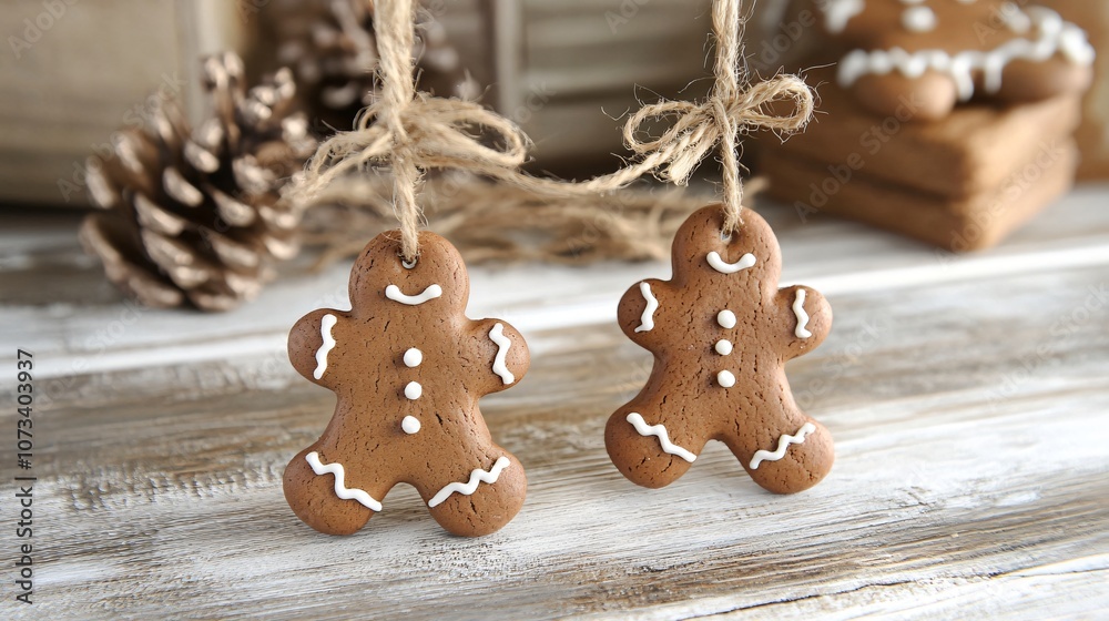 Mini gingerbread ornaments hanging on twine, with icing details and a warm wooden background with gingerbread accents Mini gingerbread ornaments hanging on twine, with icing details and a warm wooden background with gingerbread accents
