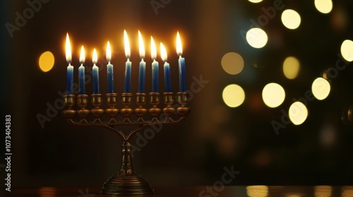 A menorah with nine lit candles against a blurry background of twinkling lights.