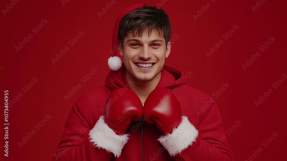 Youthful Man in Santa Hat and Red Gloves Smiling Against Vibrant Red Backdrop Youthful Man in Santa Hat and Red Gloves Smiling Against Vibrant Red Backdrop