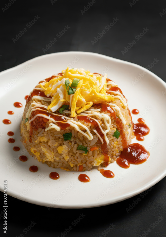 Fried Rice with Shredded Egg with sauce on wooden mat, grey background morning meal Fried Rice with Shredded Egg with sauce on wooden mat, grey background morning meal