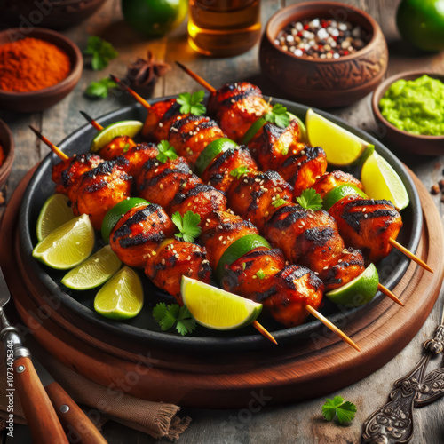 BBQ Chicken Tikka boti with lime in a dish on napkin photo