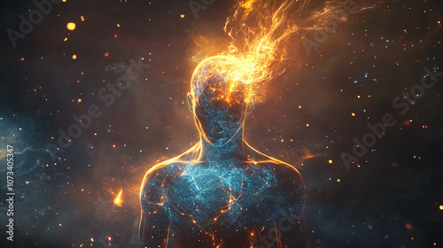 A person surrounded by energy rays looks like the embodiment of light. A blue light emanates from the head, enhancing the impression of inner strength and knowledge.
