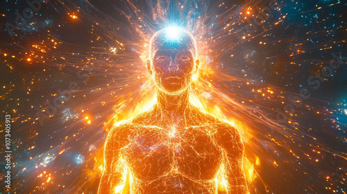 The central figure emits an orange-blue light emanating from the inside. Shining lines run around like supernova flashes.
