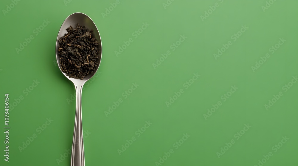 Dried black leaf tea on a spoon with a green background – Showcasing the natural texture and rich colour of tea leaves, perfect for tea enthusiasts and herbal blends Dried black leaf tea on a spoon with a green background – Showcasing the natural texture and rich colour of tea leaves, perfect for tea enthusiasts and herbal blends